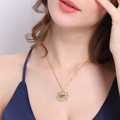 Personalised Double Flower Pendant with Birthstone 18ct Gold Plated Silver - The Name Jewellery™