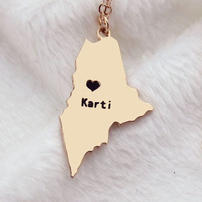 Custom Maine State Shaped Necklaces With Heart  Name Rose Gold - The Name Jewellery™