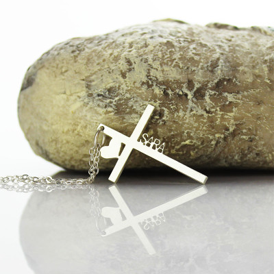 Personalised Silver Cross Name Necklace with Heart - The Name Jewellery™