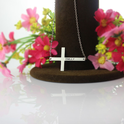 Silver Latin Cross Necklace Engraved Name 1.25" - The Name Jewellery™