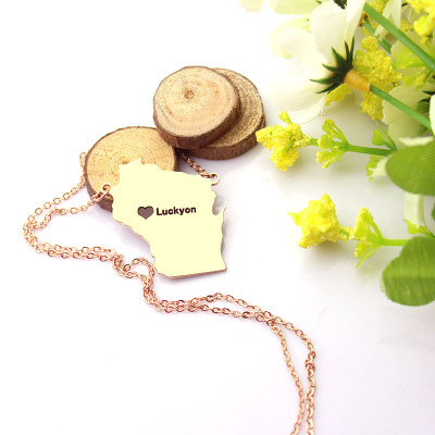 Custom Wisconsin State Shaped Necklaces With Heart  Name Rose Gold - The Name Jewellery™