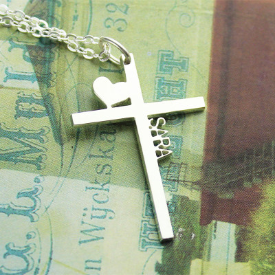 Personalised Silver Cross Name Necklace with Heart - The Name Jewellery™