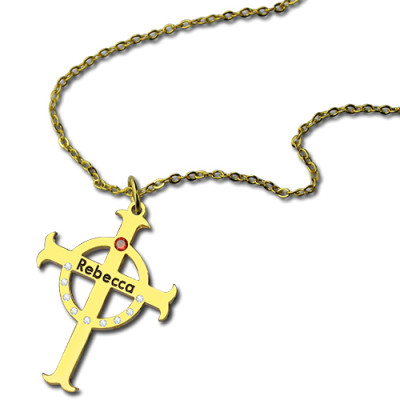 Circle Cross Necklaces with Birthstone  Name 18ct Gold Plated Silver - The Name Jewellery™