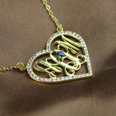 Birthstone Heart Monogram Necklace 18ct Gold Plated - The Name Jewellery™