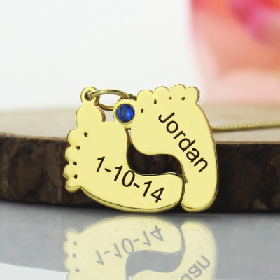 Birthstone Memory Baby Feet Charms with Date  Name 18ct Gold Plated - The Name Jewellery™