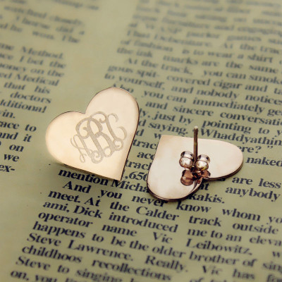 Heart Monogram Earrings Studs Cusotm Solid 18ct Rose Gold - The Name Jewellery™