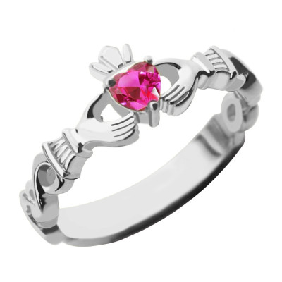 Ladies Claddagh Rings With Birthstone  Name White Gold Plated Silver - The Name Jewellery™