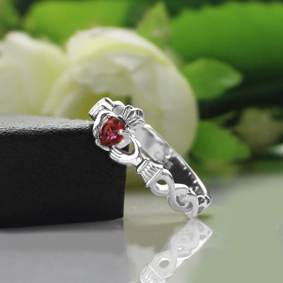 Ladies Claddagh Rings With Birthstone  Name White Gold Plated Silver - The Name Jewellery™