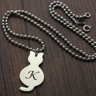 Personalised Tiny Cat Initial Pendant Necklace Silver - The Name Jewellery™