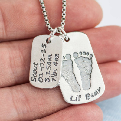 Dog Tag With Baby Prints And Birth Info Necklace - Two Pendants - The Name Jewellery™