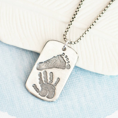 Footprint Handprint Personalised Mens Dog Tag Necklace - Two Pendants - The Name Jewellery™