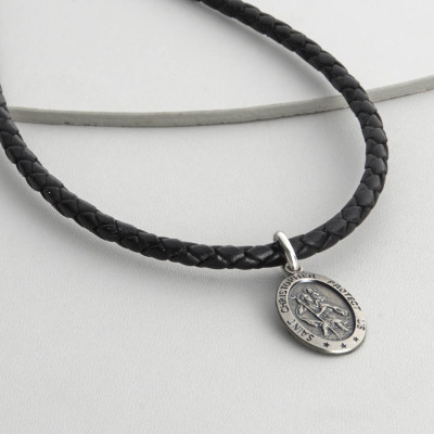 Mens Personalised Woven Leather St Christopher Necklet - The Name Jewellery™