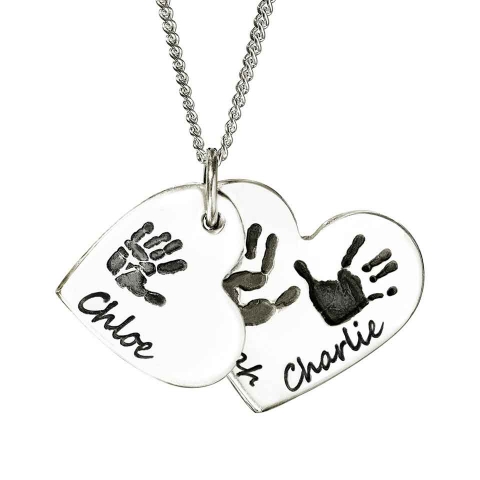 925 Sterling Silver Hand/Footprint Cascade Double Heart Pendant - The Name Jewellery™