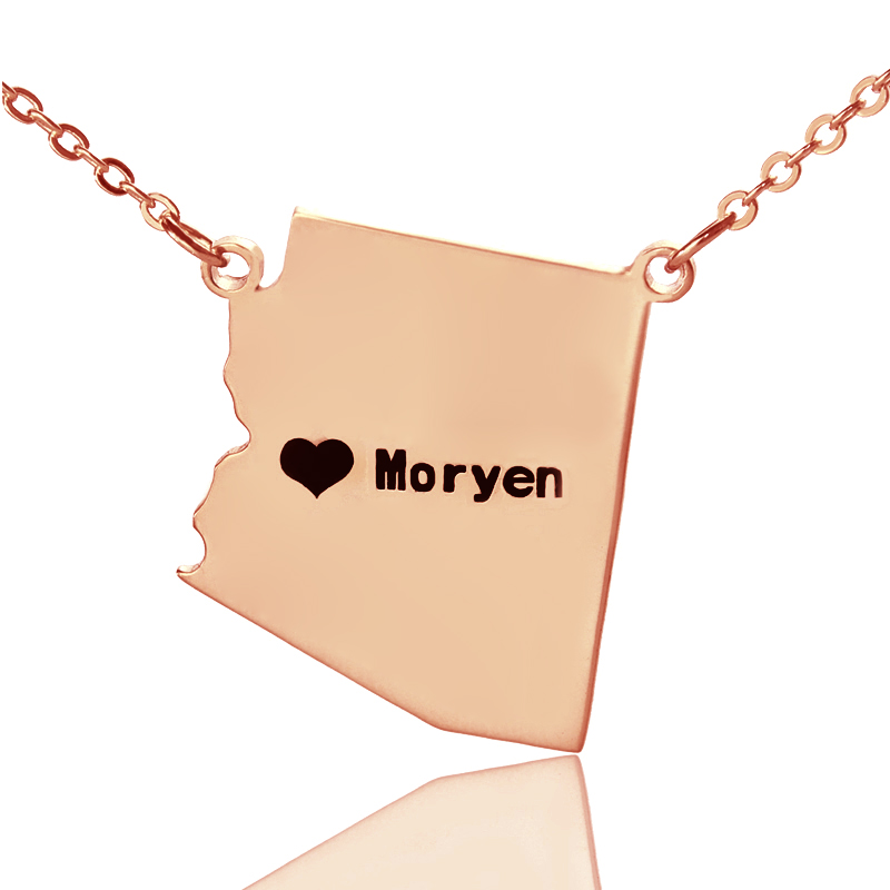 Custom Arizona State Shaped Necklaces With Heart  Name Rose Gold - The Name Jewellery™