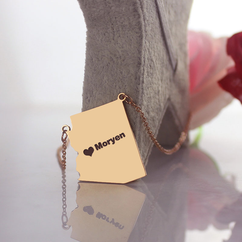 Custom Arizona State Shaped Necklaces With Heart  Name Rose Gold - The Name Jewellery™