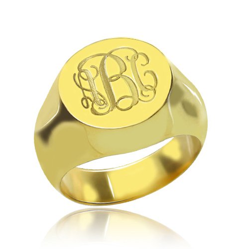 Engraved Circle Monogram Signet Ring 18ct Gold Plated - The Name Jewellery™
