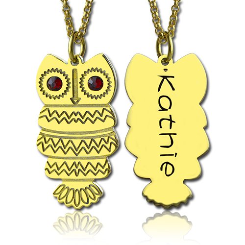 Cute Birthstone Owl Name Necklace 18ct Gold Plated - The Name Jewellery™
