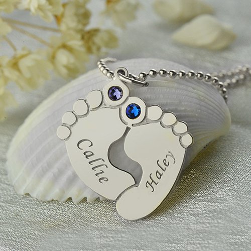 Personalzied Baby Feet Name Necklace with Birthstone Silver - The Name Jewellery™