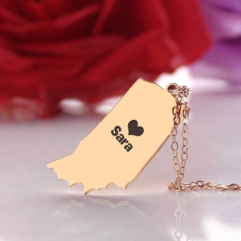 Custom Indiana State Shaped Necklaces With Heart  Name Rose Gold - The Name Jewellery™