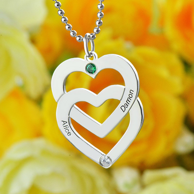 Personalised Double Heart Necklace Engraved Name Sterling Silver - The Name Jewellery™