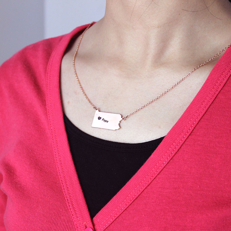 Personalised PA State USA Map Necklace With Heart  Name Rose Gold - The Name Jewellery™