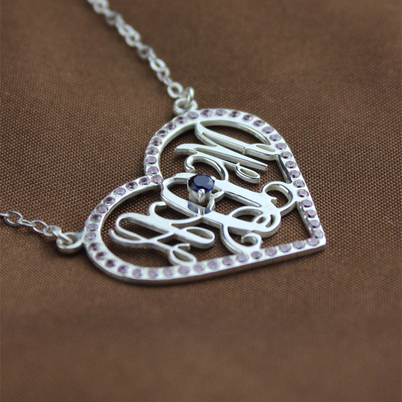 Sterling Silver Heart Birthstone Monogram Necklace - The Name Jewellery™