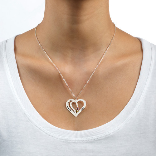 Engraved Couples Birthstone Necklace in Silver - The Name Jewellery™
