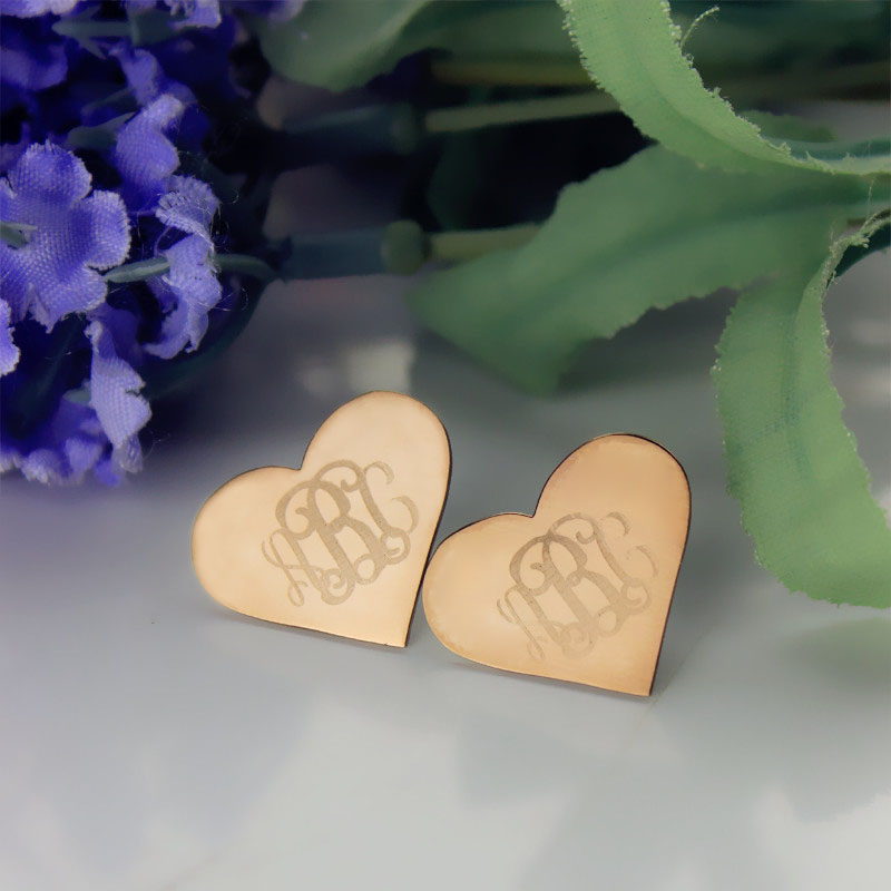 Heart Monogram Earrings Studs Cusotm Solid 18ct Rose Gold - The Name Jewellery™