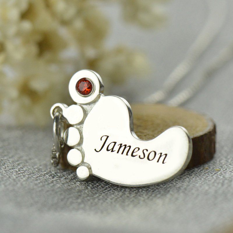 Personalised Baby Feet Necklace with Birthstone Engraved Name - The Name Jewellery™
