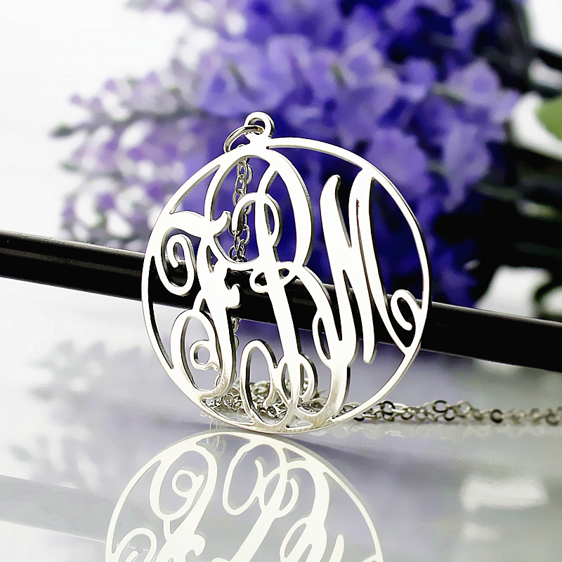 Personalised 18ct White Gold Plated Vine Font Circle Initial Monogram Necklace - The Name Jewellery™